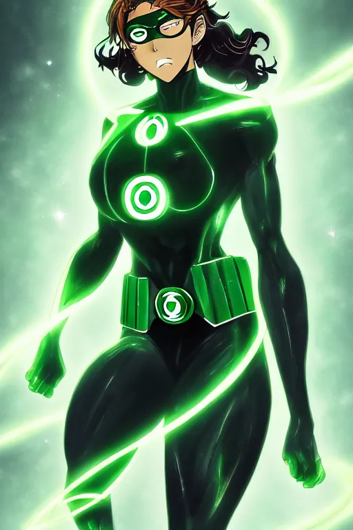 Image similar to anime key visual of a beautiful female green lantern, intricate, glowing accents, powers, glowing ring, speed, goddess, dc comics, cinematic, stunning, highly detailed, digital painting, artstation, smooth, hard focus, illustration, character concepts by senior concept artist