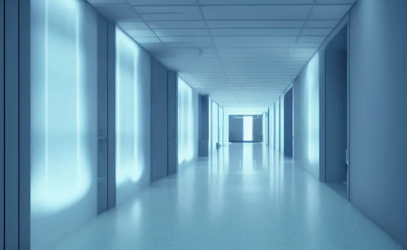 Image similar to an hallway in hospital with soft blue lights in the roof, octane render, artstation trending, highly detailded