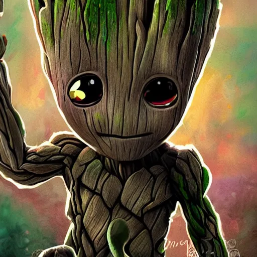 Prompt: a cute baby Groot from Marvel in an enchanted forest, illustration, digital art, fantasy art, well detailed