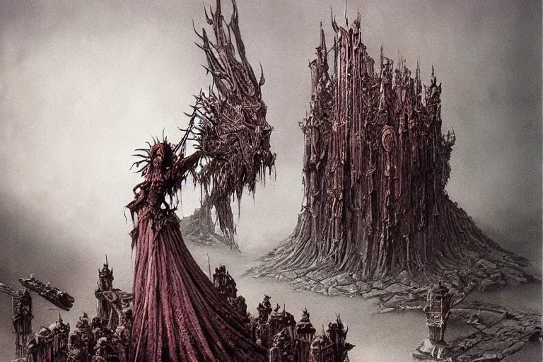 Prompt: Warhammer goddess empress of chaos, war famine, death, by Zdzislaw Beksinski