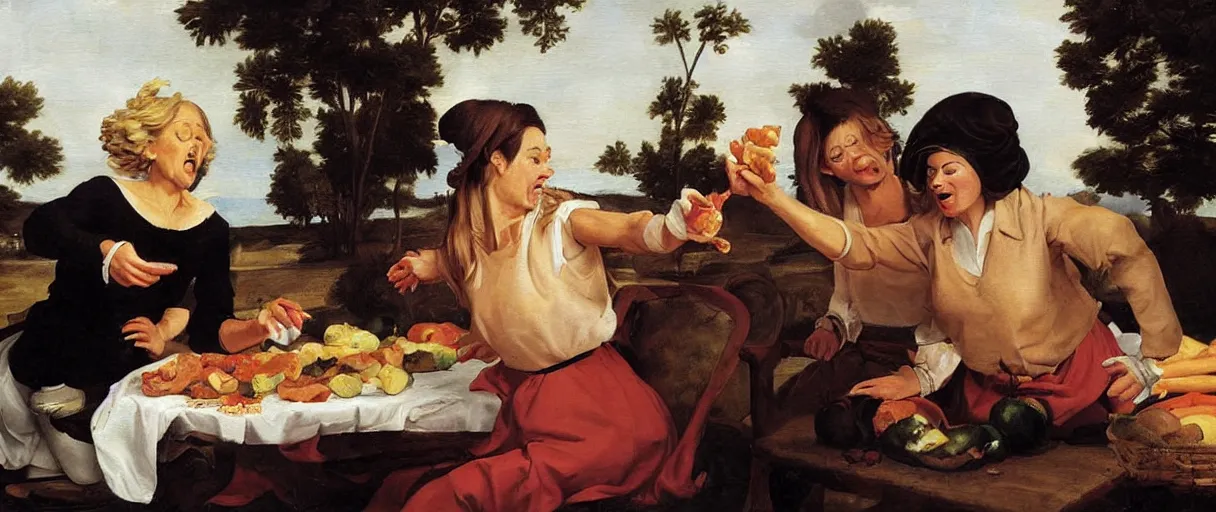 Image similar to painting portrait of ( ( ( two women yelling at cat meme ) ) ). taylor armstrong and kyle richards. crazy blonde woman sideview pointing and yelling at white cat that is eating vegetables from plate. accidental renaissance by diego velasquez, young woman, high resolution, very detailed art