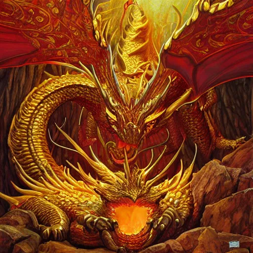 Prompt: Smaug the golden fire dragon hoarding his gold and shiny gems by Mark Brooks, Donato Giancola, Victor Nizovtsev, Scarlett Hooft, Graafland, Chris Moore