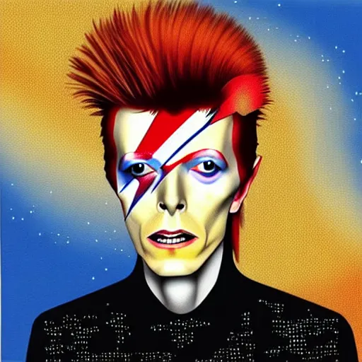 Image similar to “painting of David Bowie as a Rooster.”