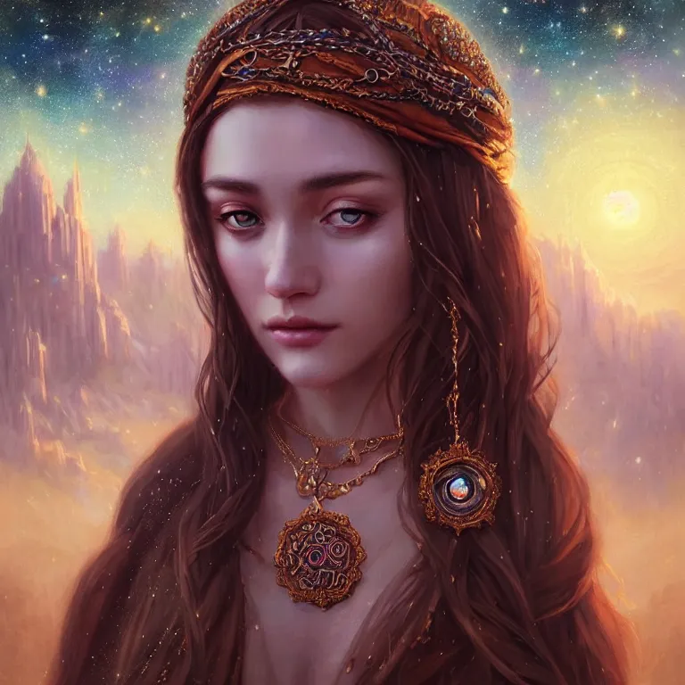 Image similar to masterpiece portrait charming and miracle female luxury astromancer boho accessories in dreamlike movie, high detailed face, art by artgerm, greg rutkowski, sasoura, satchely, big major starry sky and city in background, uhd, medium long shot, fantasy, no distorsion, sharp focus,