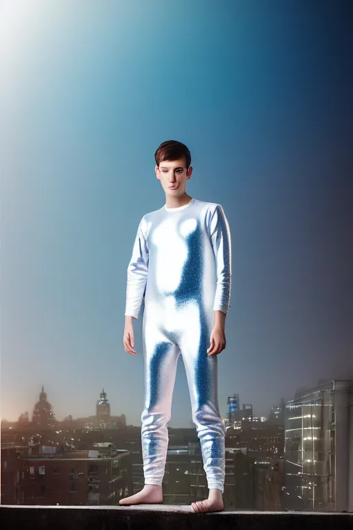 Image similar to un ultra high definition studio quality photographic art portrait of a young man standing on the rooftop of a british apartment building wearing soft loose inflatable padded iridescent pearlescent clothing. three point light. extremely detailed. golden ratio, ray tracing, volumetric light, shallow depth of field. set dressed.