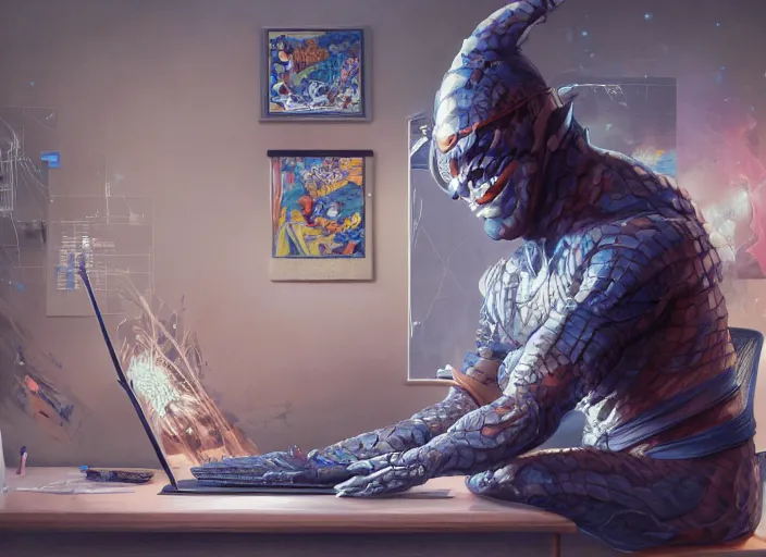 Image similar to an insanely detailed painting of an asian man wearing a homemade superhero costume, sitting at a desk, staring seriously at the computer and typing, in the style of peter mohrbacher, james jean, artgerm, dramatic lighting and composition, surreal background, octane render, pixar, trending on artstation, concept art, comic book, view from behind, 8 k