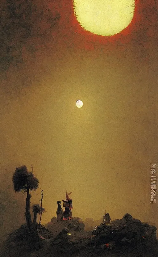 Image similar to meditation on the background of a huge crimson moon, by carl spitzweg