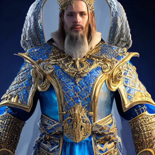 Image similar to concept art, full body portrait of king sorcerers, ornate, Blue and silver, armor, robes, Hyperrealistic, 4K, Unreal Engine, Highly Detailed, Dramatic Lighting, Beautiful