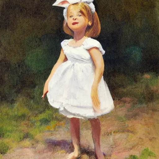 Image similar to A cute young girl with white ruffled dress and bunny ears standing straight by Claire Keane, Marc Davis, James Baxter and Mark Henn, hyperdetailed, photorealistic