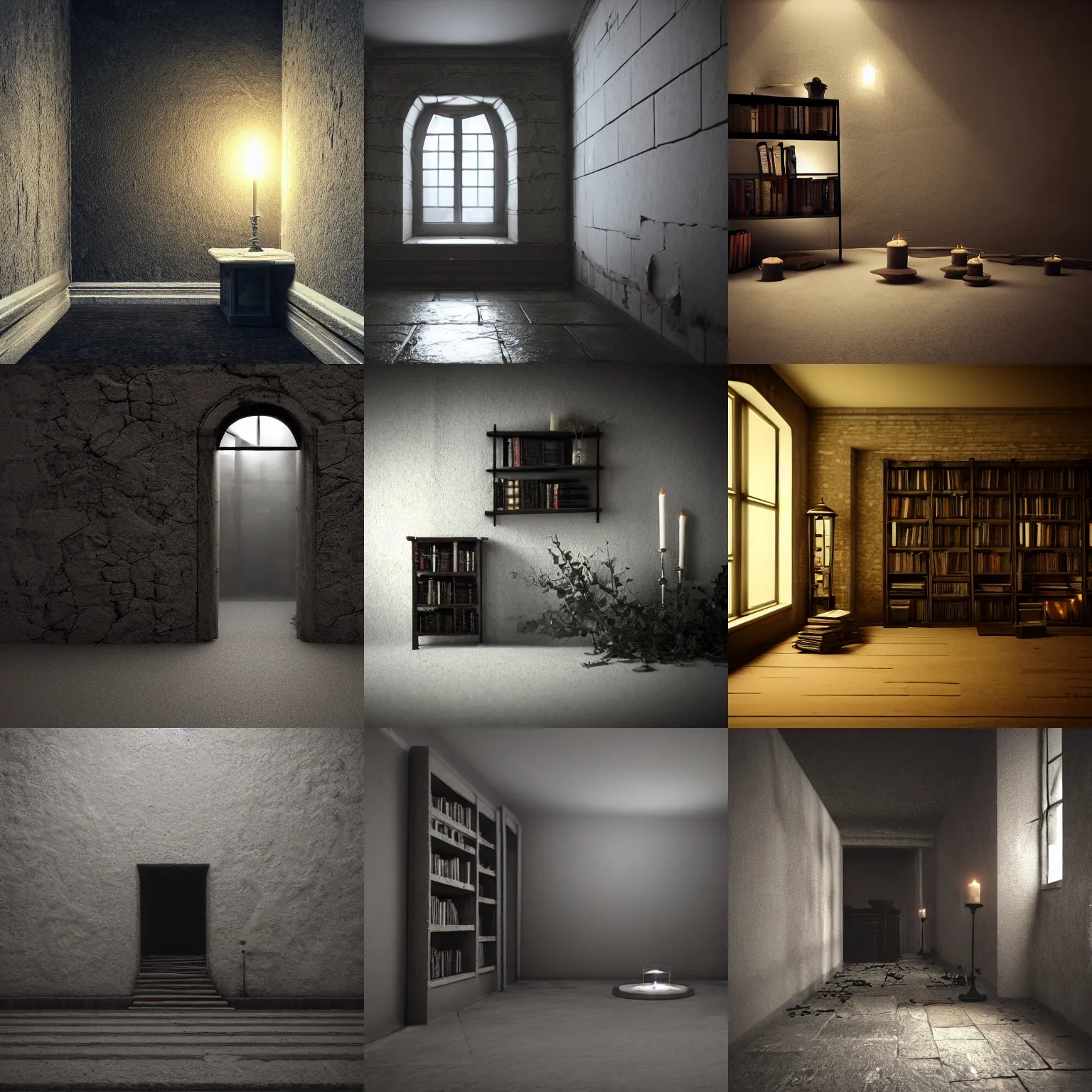 Prompt: shadow filled room with gloomy, oppressive atmosphere, the midnight so dark that it seems to suck out the life itself, no light penetrates to room, only small candle struggles in vain to illuminate the crushing darkness, the dark stone walls cold and forebonding, shelves filled with tomes, Octane Render