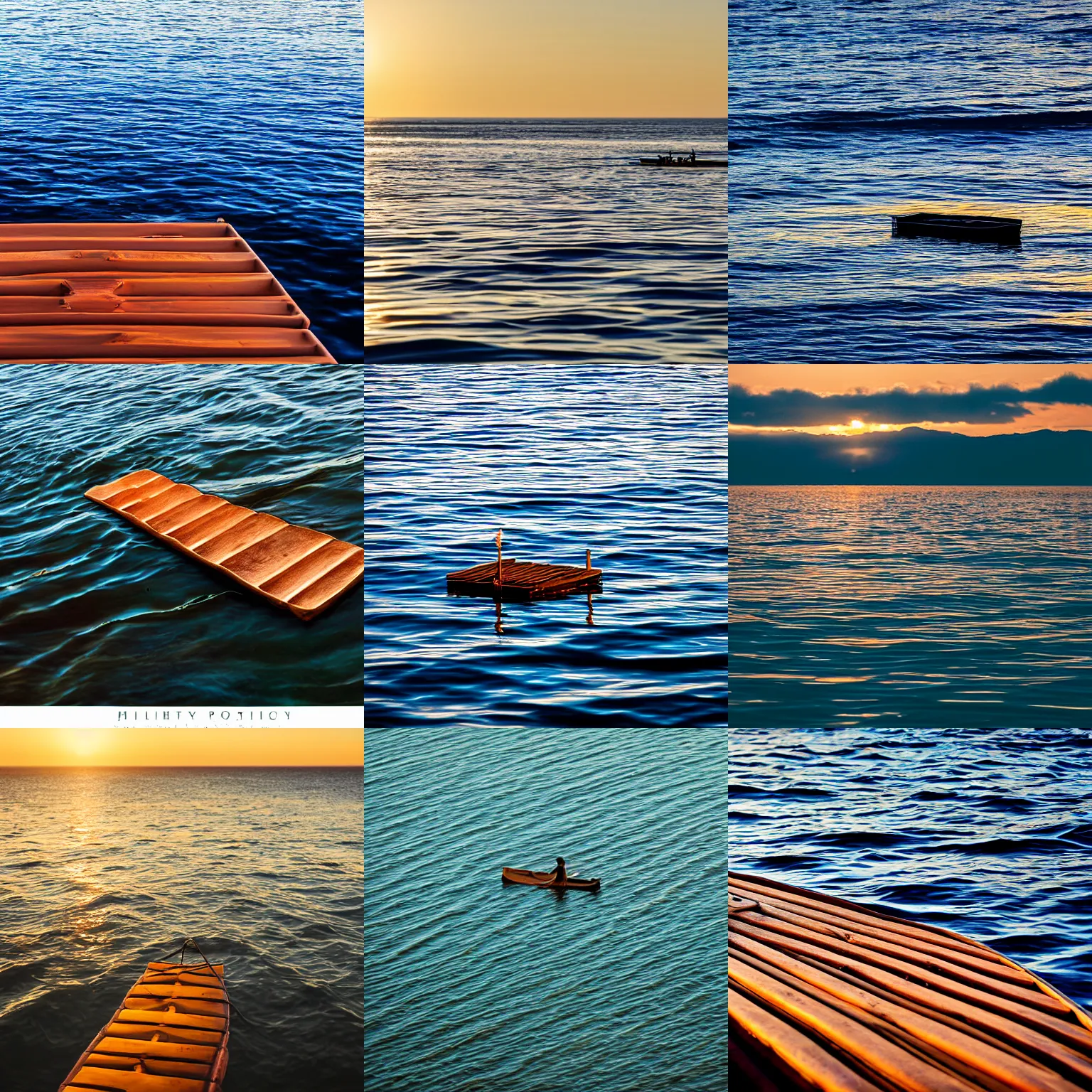 Prompt: small wooden raft aloft in a giant ocean, at golden hour