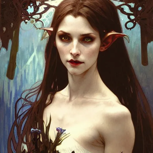 Prompt: Portrait of a pretty half-elf half-vampire young woman. Her hair has black strands and white strands. Her eyes have red irises and vertical pupils. Art by Greg Rutkowski and Alphonse Mucha