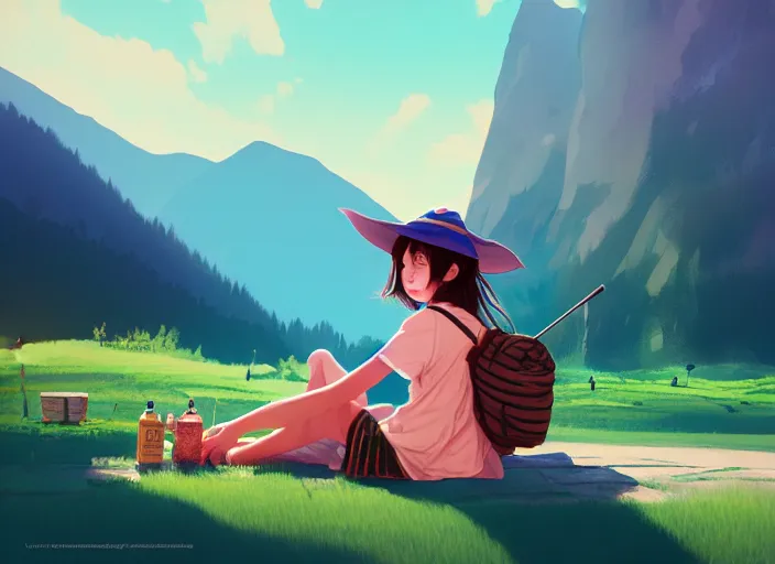 Prompt: young student witch on a summer roadtrip through the mountains, by hong soonsang, concept art, digital art, trending on artstation, pixiv, illustration, fine details