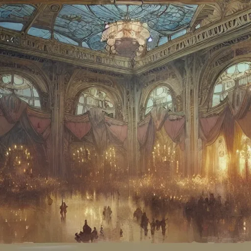 Prompt: a beautifull intricate watercolour painting of a ballroom, reflexions, verry high details by william turner art, greg rutkowski and alphonse mucha, trending on artstation, very very detailed, masterpiece, muted colors