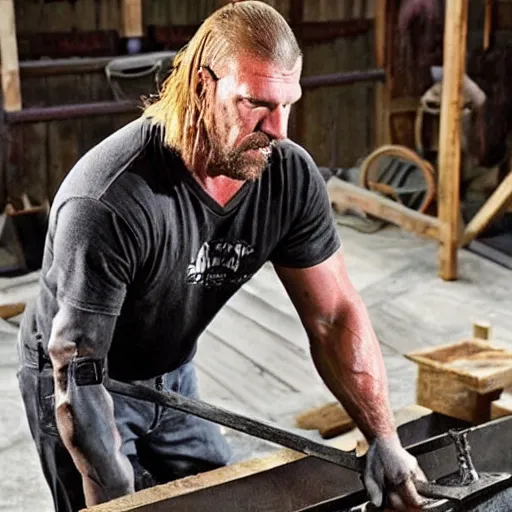 Prompt: triple h as blacksmith make his hammer