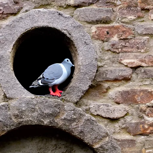 Image similar to a pigeon stuck in a loophole inside a medieval wall