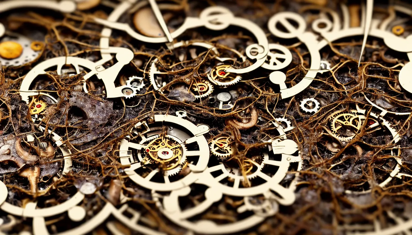 Prompt: detailed view from inside a clockwork watch, entangled roots covered in mushrooms, cracked earth, living microorganisms, decaying, hyper realistic photo, full colour, upscale, 8 k