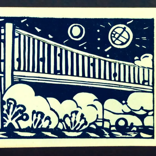 Image similar to small steel suspension bridge built in 1 9 2 8, side view, puffy clouds in background, ufo floating in the sky, woodcut style, rubber stamp, 8 k