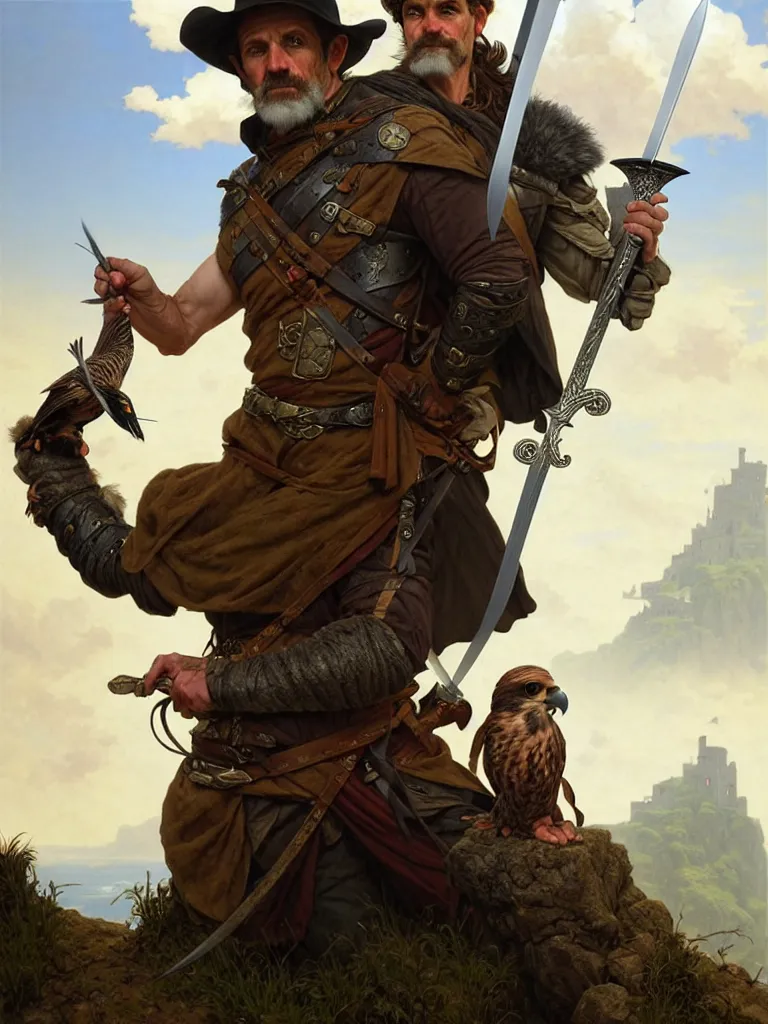 Image similar to middle age ranger with rugged expresions falcon pet on his sholder holding a long sword, top a cliff observing old ruins of a castle, elegant clothing, photorealistic render, matte patining, highly detailed, artstation, smooth, sharp focus, art by michael whelan, artgerm, greg rutkowski and alphonse mucha