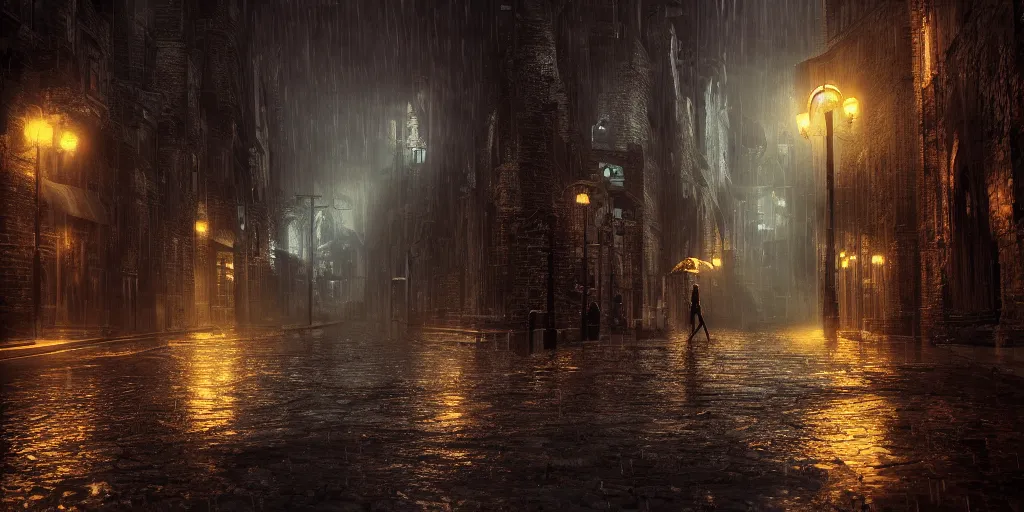 Image similar to A hauntingly beautiful city in a dark cavern, rainy and gloomy atmosphere, fantasy digital art, octane render, beautiful composition, trending on artstation, award-winning photograph, masterpiece