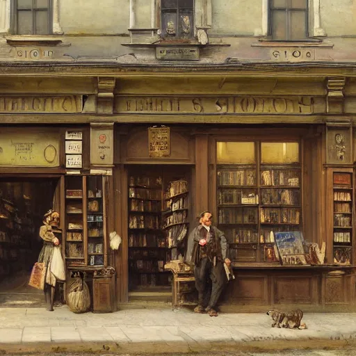 Image similar to jean-Baptiste Monge and Solomon Joseph Solomon and Richard Schmid and Jeremy Lipking victorian genre painting painting of an english 19th century english bookshop store front on a stone city streat with shops and stores