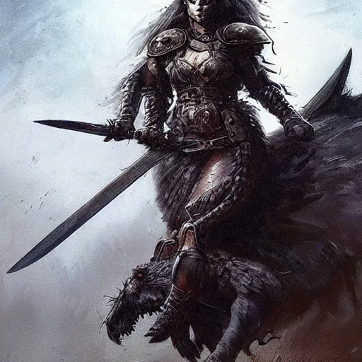 Prompt: A full portrait of a beautiful fur-armored berserker woman, dragging an oversize Gothic claymore into battle, by Frank Frazetta, Greg Rutkowski, Game of Thrones, epic fantasy art, Exquisite detail, post-processing, masterpiece, cinematic, embers