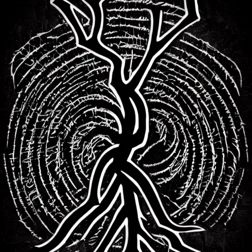 Prompt: black metal band logo, unreadable text, metal font, looks like a tree silhouette, complex lines, horizontal