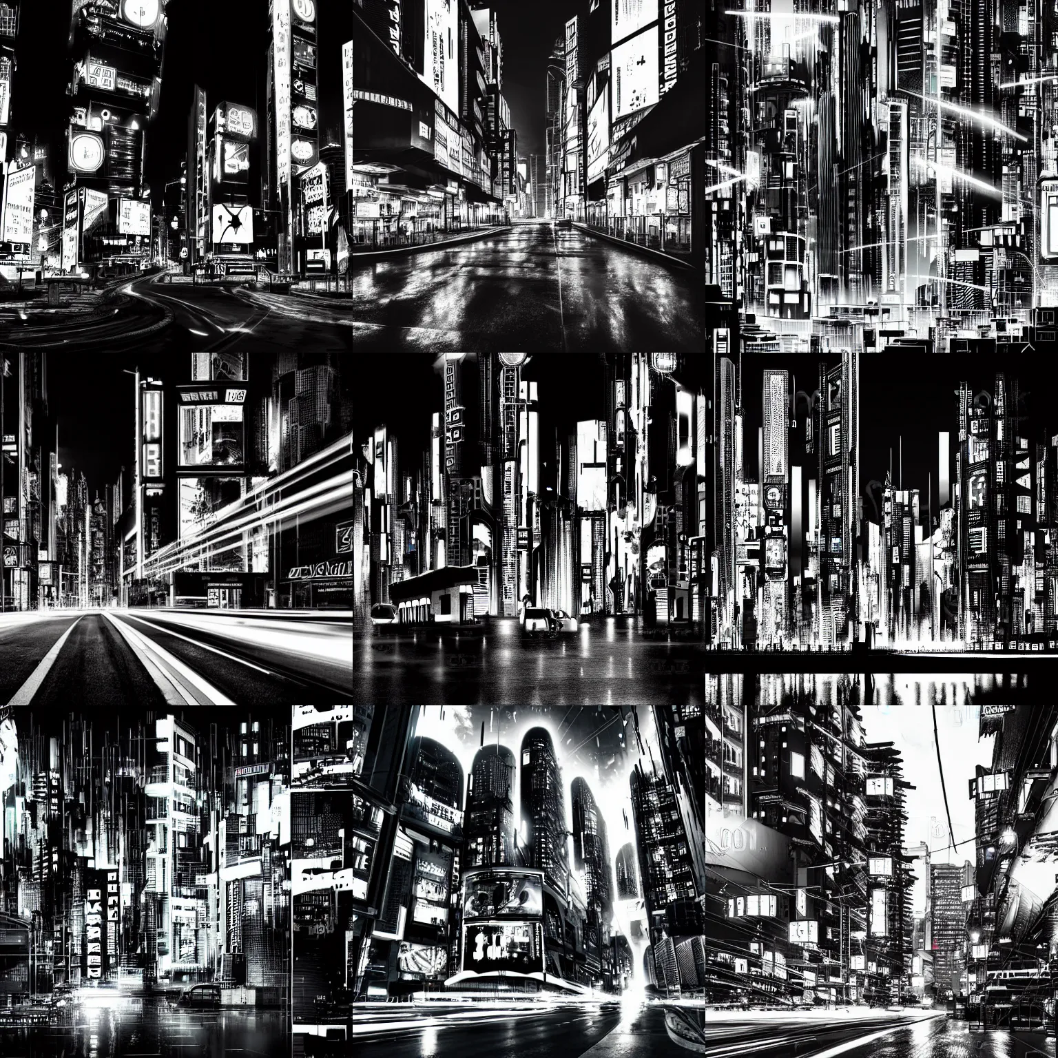Prompt: cyberpunk city at night, color splash, black and white, noir