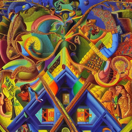 Prompt: a highly detailed intricate and brightly colored painting by Jackson Pollack and Bosch and Dali and MC Escher, exquisite, masterpiece, apotheosis, 4K, very detailed