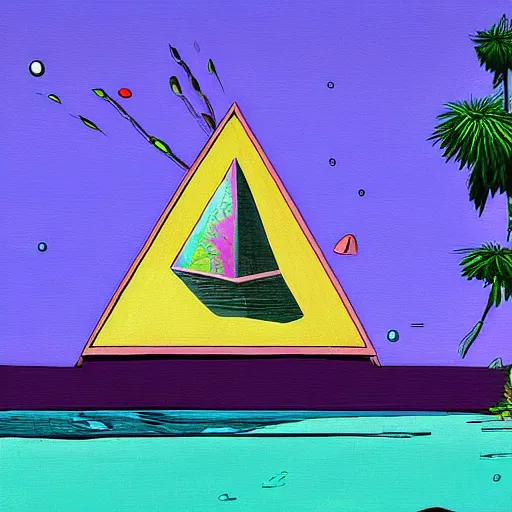 Image similar to otherworldly vivid futuristic pool pyramid penguin sack cedar tree teak tree, by tom thomson and ghibli studios and andy warhol, mixed media, speedpainting, an art deco