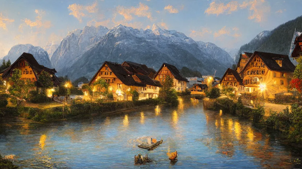 Prompt: High-Quality realist painting of a river crossing a traditional Bavarian village in a valley in the Alps at dawn, peaceful, very detailed, digital art.