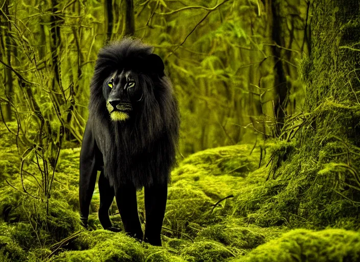 Prompt: professional wildlife photograph of a black lion standing in a dark jungle at night, surrounded by dense dark trees, moss, ferns, cinematic lighting, apex predator, natgeo