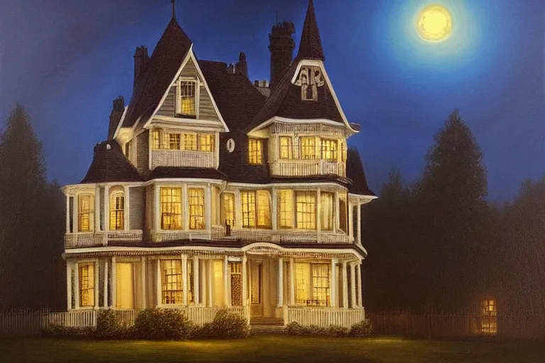 Prompt: a beautiful hyperrealistic painting of a victorian house with a tower at night, very detailed by samuel and joseph newsom, harry potter