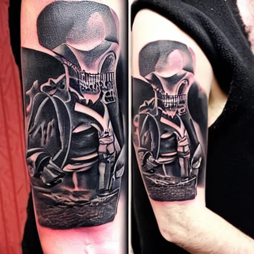 Prompt: a tattoo of the album cover for the black album by the damned