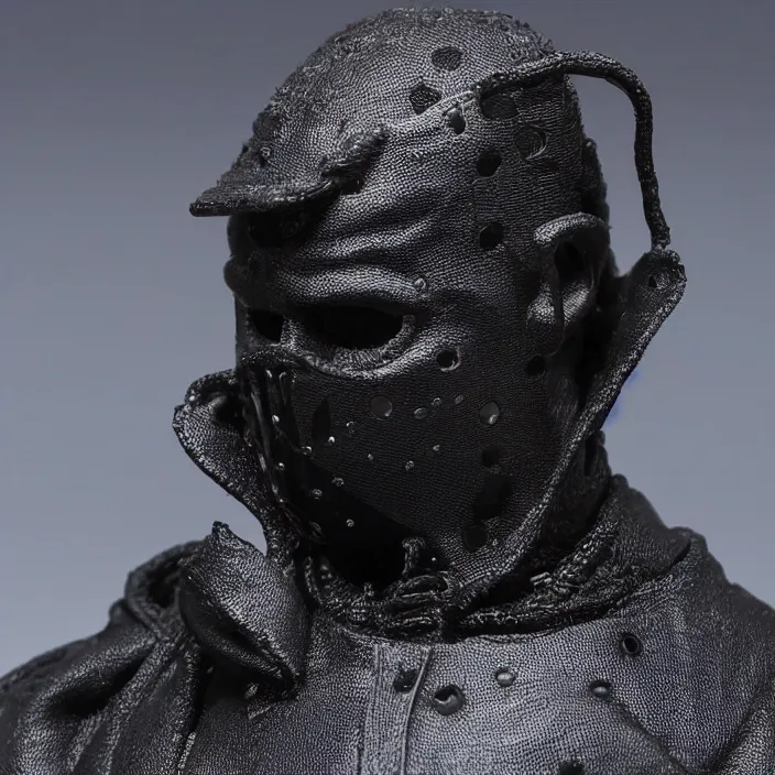 Prompt: kanye west using a black mask with small holes, a black shirt, a black undersize hoodie and black rubber boots, a hot toys figure of kanye west using a black mask with small holes, a black shirt, a black undersize hoodie and black rubber boots, figurine, detailed product photo