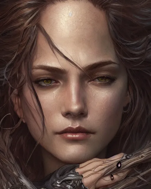 Image similar to close up portrait of a ruggedly handsome female witch, soft hair, half body, leather, d & d, fantasy, intricate, elegant, highly detailed, digital painting, artstation, concept art, smooth, sharp focus, illustration, art by artgerm and greg rutkowski and alphonse mucha