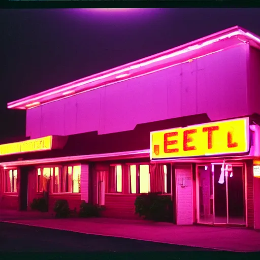 Image similar to A still of the exterior of a seedy motel, lit up in neon pink and purple; the camera is positioned low to the ground, making the building look taller and more imposing. Fujifilm Natura 1600.