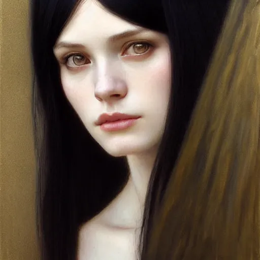 Image similar to Portrait of a beautiful, pale skin, female with long black hair, dark, piercing eyes, gentle expression, elegant clothing, photorealistic, highly detailed, artstation, smooth, sharp focus, art by Klimt, artgerm, Greg Rutkowski and Alphonse Mucha