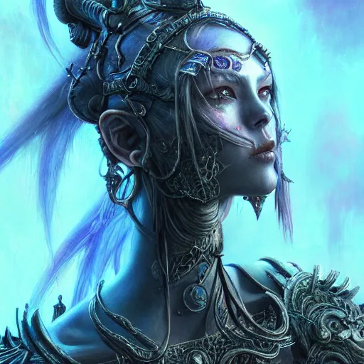 Image similar to a highly detailed long shot photo of chthonic warcraft female character by ayami kojima, beksinski, giger, intricate, digital painting, artstation, intricate, concept art, smooth, sharp focus, illustration