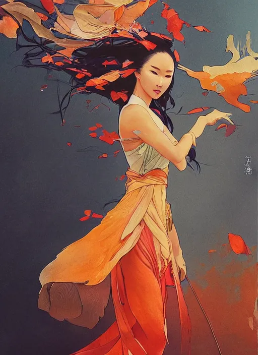 Image similar to mulan, orange spike aura in motion, damaged japanese clothes, floating pieces, painted by art by tsuyoshi nagano, greg rutkowski, artgerm, alphonse mucha, spike painting