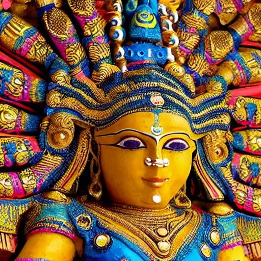 Image similar to a woman wearing an armor and headdress. the armor and headdress is made out of the colors, textures and sculptures of the meenakshi temple in madurai. intricate. detailed.