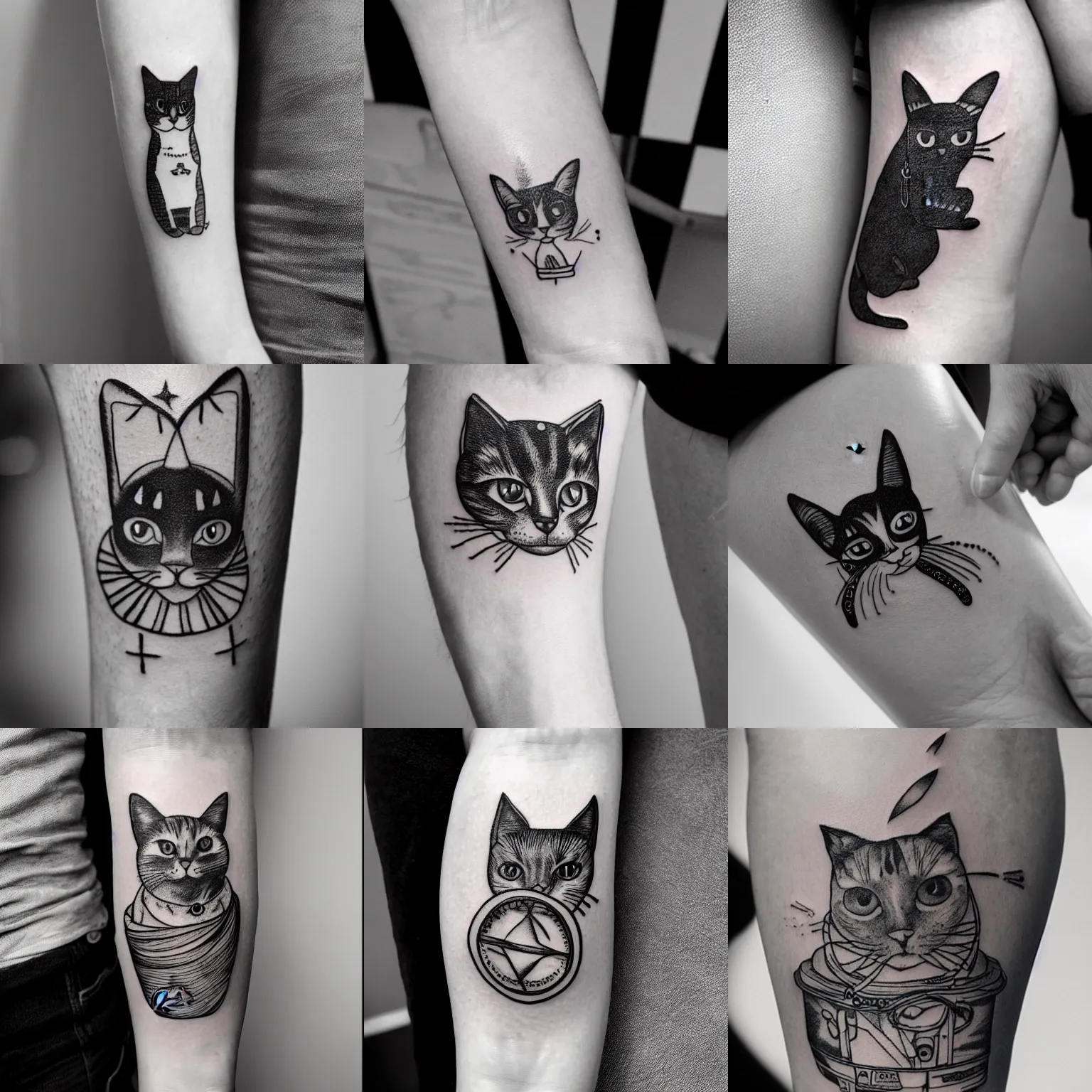 Prompt: stick and poke tattoo of a cat in space detailed, line work, black and white