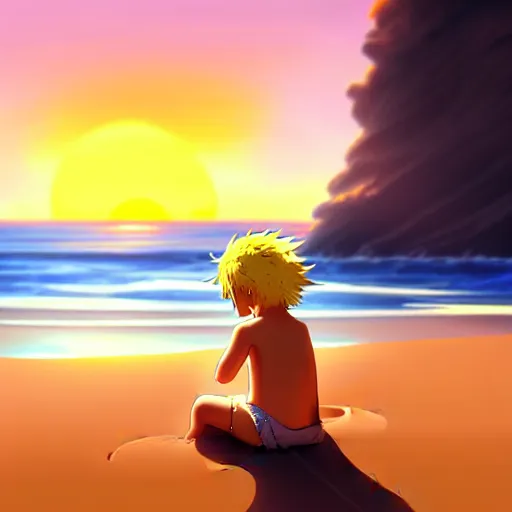 Image similar to beautiful, detailed digital painting of a blond-haired child making sandcastles on the beach and looking at the sunset, anime by Makoto Shinkai, sand, waves, trending on artstation