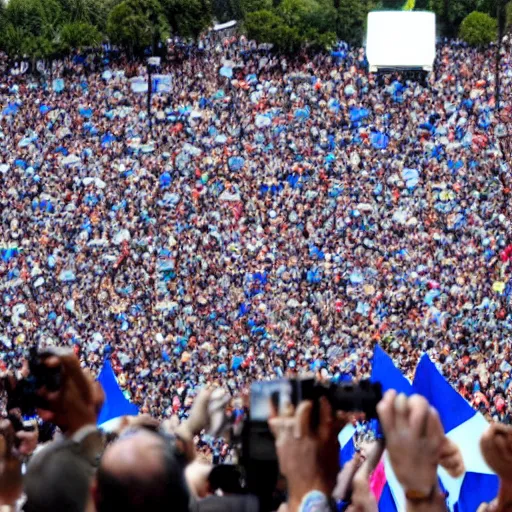 Image similar to Lady Gaga as president, Argentina presidential rally, Argentine flags behind, bokeh, giving a speech, detailed face, Argentina