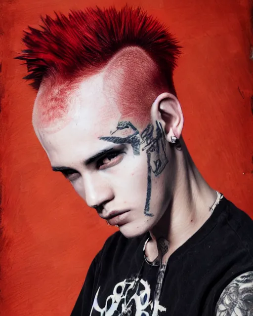 Prompt: young man with a short red dyed mohawk, red irises and a slim face, piercings, dressed in crustpunk clothing, headshot, attractive, handsome, in color, no makeup, model, trending on artstation, high quality art, character design, realism