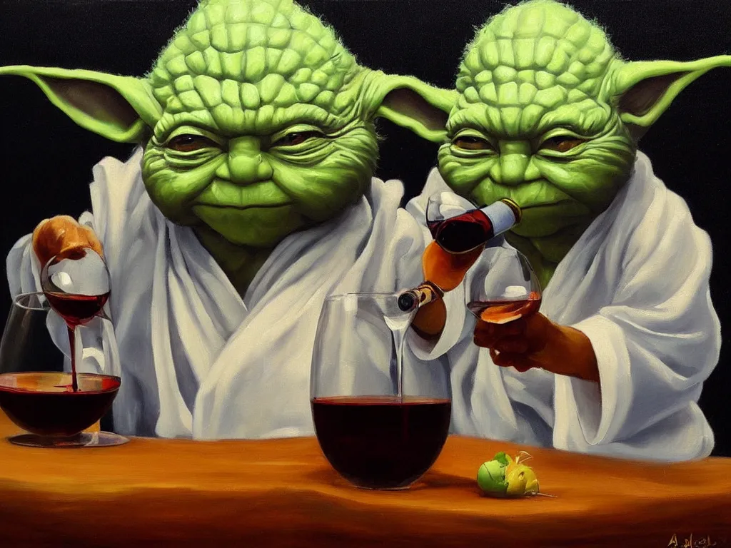 Image similar to an old oil painting of a dizzy yoda drinking wine, trending on artstation