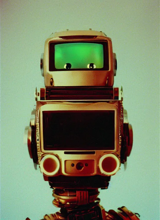 Image similar to a portrait photograph of a robot head designed by quentin trantino, 3 5 mm, color film camera,