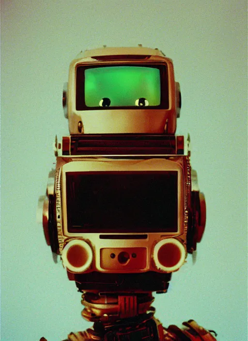 Prompt: a portrait photograph of a robot head designed by quentin trantino, 3 5 mm, color film camera,