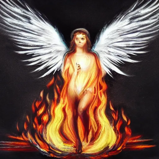 Prompt: angel with black wings, fire