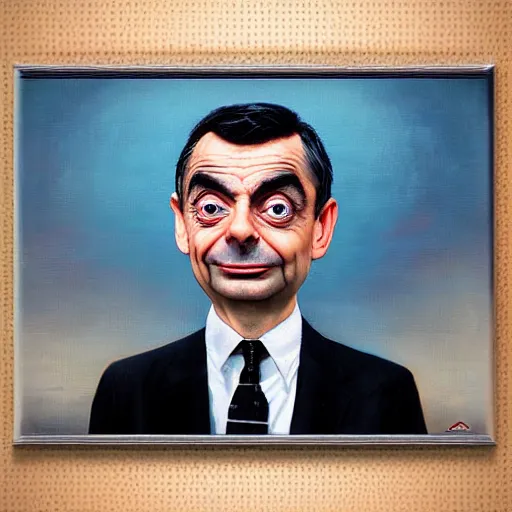 Prompt: a realistic oil painting of mr bean as a cybernetic cyborg, surrealism portrait, surrealism album cover